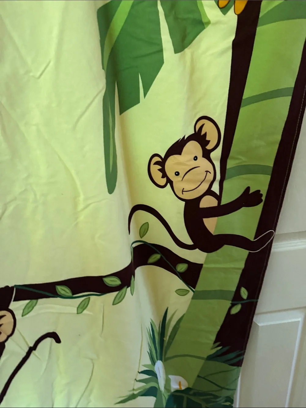 2 Monkey Hanging  shower curtain  Green and Blue